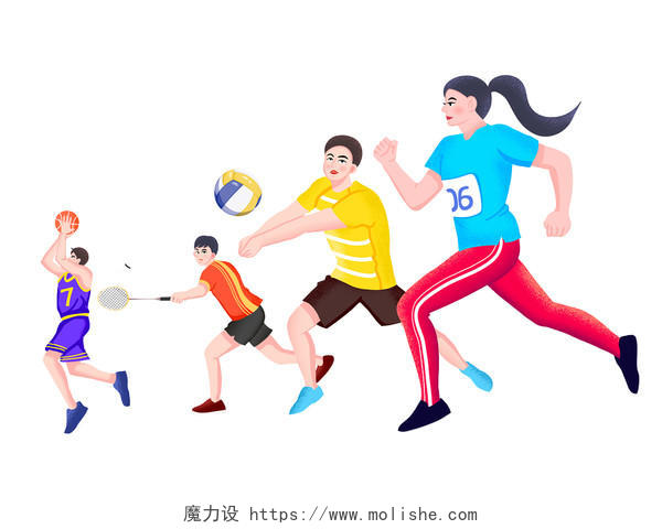 彩色卡通跑步运动奔跑锻炼打球的人物元素PNG素材